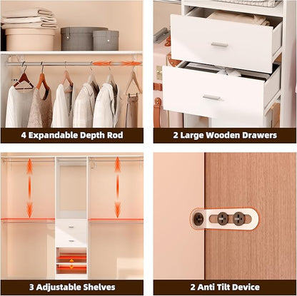 Closet System, Closet Organizer System With 2 Wood Drawers, Walk-In Closet Storage System With 5 Hanging Rods, Adjustable Cloth Garment Rack, Fits Spaces 4 to -9FT, White