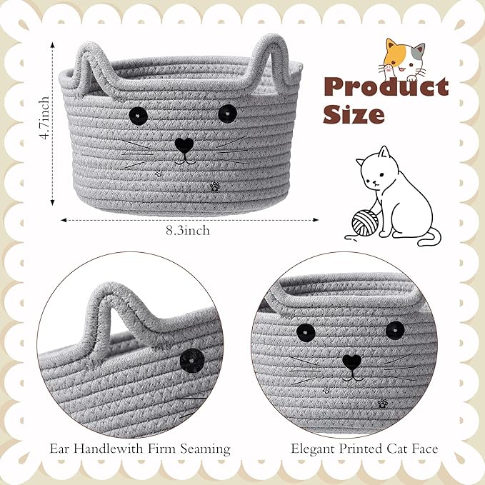 Zopeal Cat Basket Storage Woven Organizer with Ears Easter Decorative Gift Pet Toy Cute Cotton Rope Basket for Gift Cat Dog Toy Bin Nursery Room(8.3 x 4.7 Inch,Light Gray)