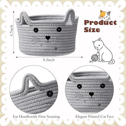 Zopeal Cat Basket Storage Woven Organizer with Ears Easter Decorative Gift Pet Toy Cute Cotton Rope Basket for Gift Cat Dog Toy Bin Nursery Room(8.3 x 4.7 Inch,Light Gray)