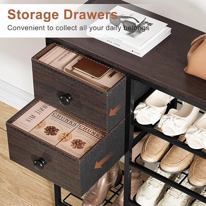 5-Tier Shoe Rack with 2 Fabric Drawers, Metal Frame and Wooden Board Shoe Organizer for 16-20 Pairs of Shoes, Shoe Shelf with Boots Storage for Entryway Closet Dark Brown