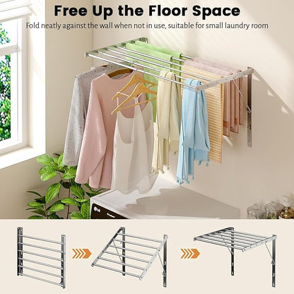 Wall Mounted Laundry Drying Rack, 29.92 inch Retractable Clothes Drying Rack, Foldable Laundry Rack Indoor with 6 Smooth Round Stainless Steel Rods, Space Saving for Laundry Room, Bathroom, Apartments