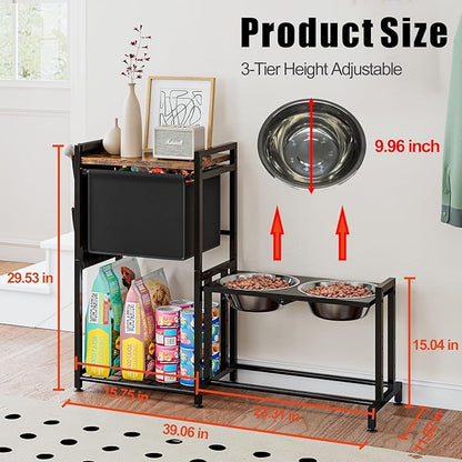 Elevated Dog Bowl with Toy Bin Basket Adjustable Raised Feeding Station Cabinet with 2 Stainless Steel Bowl Pet Storage Organizer for Small Medium Large Dogs and Cats with Non-Slip Mats
