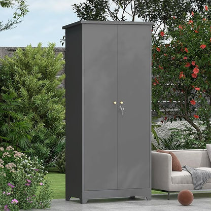 73''H Outdoor Storage Cabinet, Metal Garage Storage Cabinets with Doors and Shelves, Outdoor Broom Storage Cabinets, Waterproof Tool Shed for Patio Garden Backyard, Gray（15.4" D x 31.5" W ）