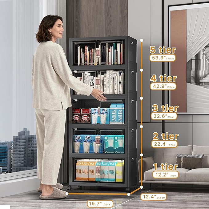 Extra Large Stackable Storage Bins with Lids & Wheels & Door, 260QT-52QT/13GAL*5Pack Foldable Collapsible Closet Organizers, Plastic containers drawers for bedroom Dorm