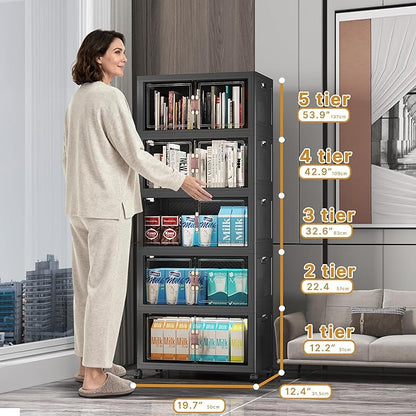 Extra Large Stackable Storage Bins with Lids & Wheels & Door, 260QT-52QT/13GAL*5Pack Foldable Collapsible Closet Organizers, Plastic containers drawers for bedroom Dorm