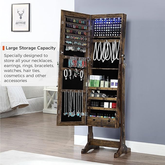 GISSAR Jewelry Organizer Full Length Mirror Jewelry Cabinet Standing/Wall Mounted Jewelry Armoire Storage with Lights Lockable, Vintage Brown