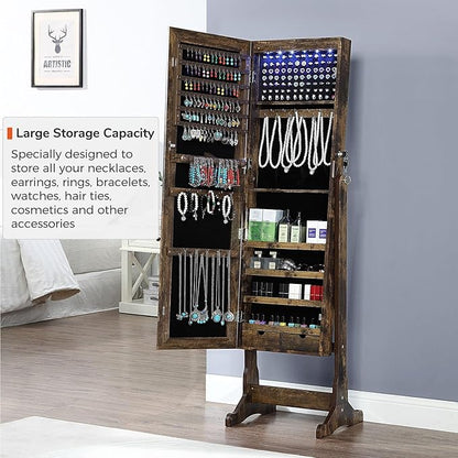 GISSAR Jewelry Organizer Full Length Mirror Jewelry Cabinet Standing/Wall Mounted Jewelry Armoire Storage with Lights Lockable, Vintage Brown