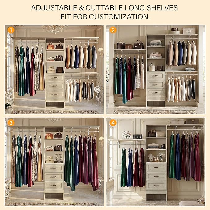 8FT Closet System with 3 Curved Drawers, 96'' Wooden Walk-in Closet Organizer with 3 Top Shelves, Adjustable Organizer System with 3 Hanging Rods, Built-in Wardrobe Storage Rack for 4-8 ft, White Oak