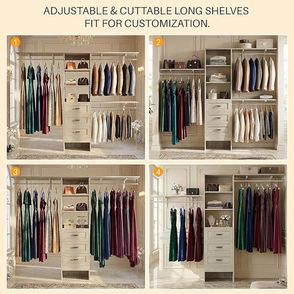 8FT Closet System with 3 Curved Drawers, 96'' Wooden Walk-in Closet Organizer with 3 Top Shelves, Adjustable Organizer System with 3 Hanging Rods, Built-in Wardrobe Storage Rack for 4-8 ft, White Oak