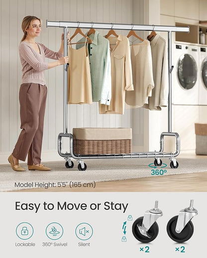 SONGMICS Clothes Rack, Heavy-Duty Rolling Clothing Garment Rack with Wheels, Extendable Hanging Rod and Adjustable Height, Portable, with Shelf and Hooks, Silver UHSR014E01