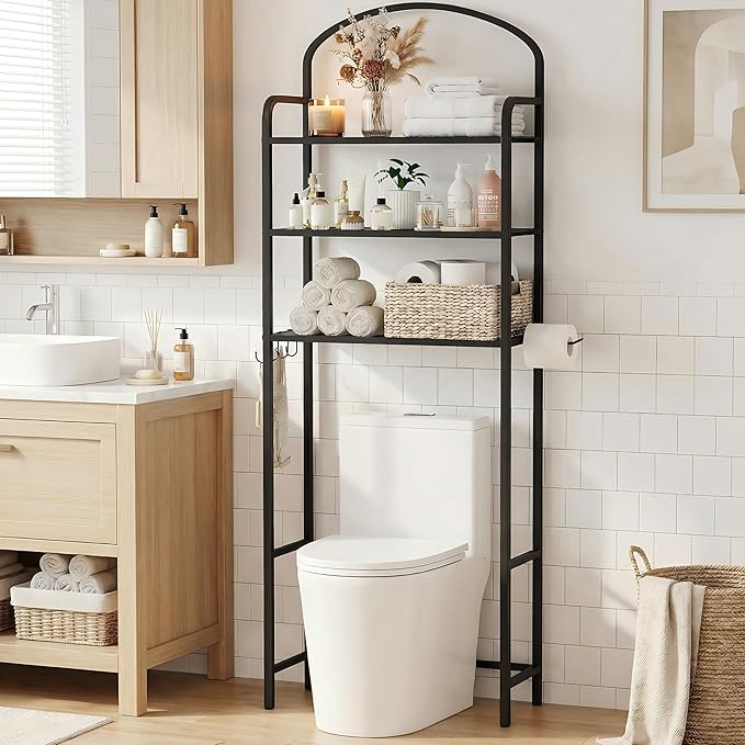 3-Tier Over The Toilet Storage, Bathroom Organizer, Space-Saving, Above Toilet Storage Rack with 4 Hooks and Paper Holder, Metal Shelf, Black