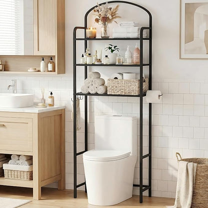 3-Tier Over The Toilet Storage, Bathroom Organizer, Space-Saving, Above Toilet Storage Rack with 4 Hooks and Paper Holder, Metal Shelf, Black