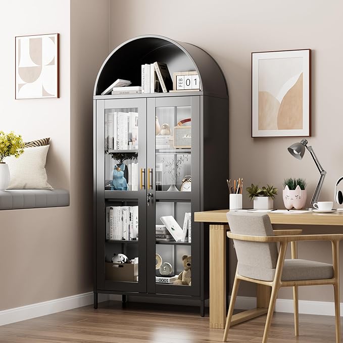 78.74'' H Metal Arched Cabinet with Glass Door,Arched Display Cabinet with 3 LED Strip,Lockable Door and 3 Adjustable Shelves for Home Office,Assembly Required, Black