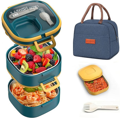 Stackable Stainless Steel Bento Box with Insulated bag,Leak-Proof,2-Tier Bento box,Lunchbox container With Portable Sauce Pod and Cutlery-for Kids/Adult,Dishwasher/MicrowaveSafe,Blue