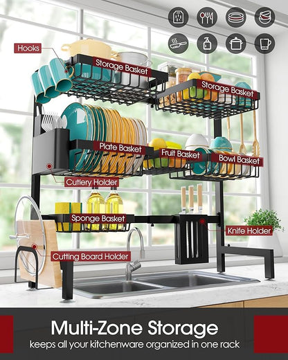 Over The Sink Dish Drying Rack - Adjustable 3 Tier XX-Large Capacity Stainless Steel Drainer with Cutlery & Utensil Holders, Kitchen Storage & Organization, 31.5"-39.5"L x 12"W x 30.5"H, Black