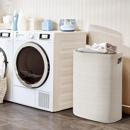 Large Laundry Hamper 16"x13"x22" - Tall Woven Laundry Basket, Cotton Rope Dirty Clothes Hamper, Baby Kids Nursery Wicker Laundry Basket, Bedroom Aesthetic, Soft Laundry Bin, White Hamper, 75L