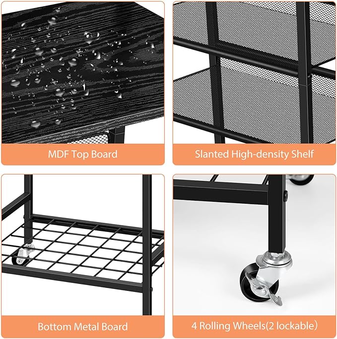 OYEAL 4 Tier Metal Bathroom Cart on Wheels Black Freestanding Bathroom Shelf Organizer with storage shelves Hair Dryer Holder Movable Towel Storage Cart for Liviing Room, Laundry Room, Kitchen