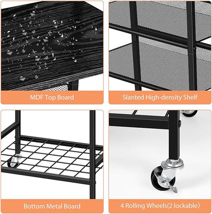 OYEAL 4 Tier Metal Bathroom Cart on Wheels Black Freestanding Bathroom Shelf Organizer with storage shelves Hair Dryer Holder Movable Towel Storage Cart for Liviing Room, Laundry Room, Kitchen