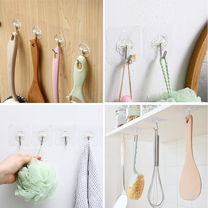 28 Pack Sticky Hooks for Hanging Heavy Duty, Wall Hooks Adhesive, Clear self Adhesive Hooks for Wall, Kitchen, Bathroom, Shower & Ceiling