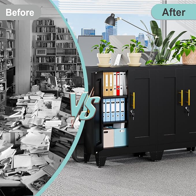 35.43" Lockable Metal Storage Cabinet, Steel Locker File Cabinet with 2 Doors ＆ 2 Adjustable Shelves, Multi-Purpose Organizer for Home, Office File Storage & Garage Locker (Black)