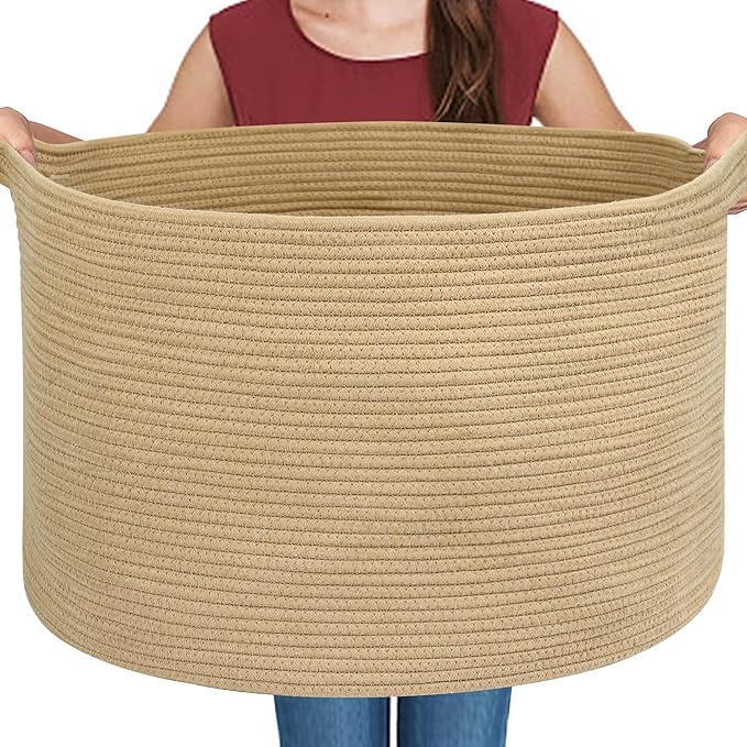 Extra Large Storage Basket, 22" X 22" X 14" Stuffed Animal Basket for Living Room Kids Room, Soft Cotton Rope Bin With Handle, Throw Blanket Storage, Stuffed Animal Toy Organizer Box