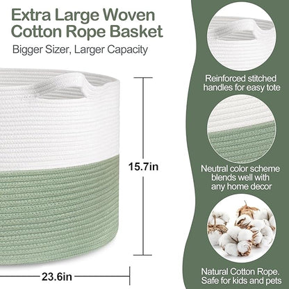 115L Extra Large Blanket Basket, Kids Dog Toy Storage Bin Box, Nursery Baby Toddler Toy Organizer, Soft Cotton Rope Woven Bin, XXXL Jumbo Basket for Blankets for Living Room, 23.6"x15.7"