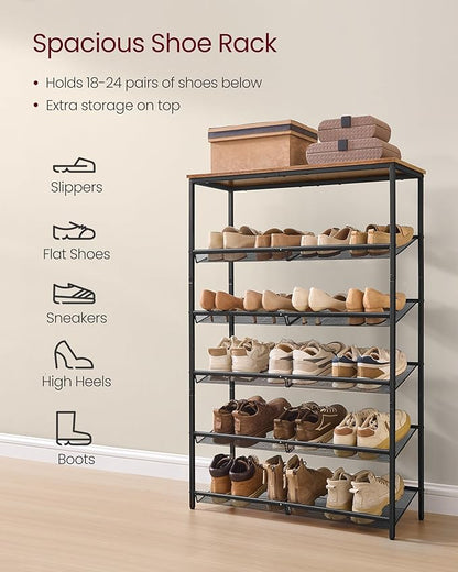 VASAGLE Shoe Rack for Entryway, 6-Tier Shoe Rack Organizer with Storage Shelves and Spacious Top, Freestanding, Adjustable, Industrial, Rustic Brown and Ink Black ULBS044KD01
