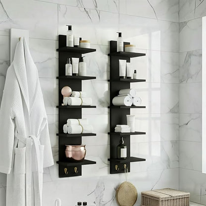 Sorbus 5 Tier Wall Shelf Unit with Hooks, Vertical Column Utility Shelving for Home Decor and Storage Organizer, Wall-Mounted Floating Shelves for Bathroom Storage, Bedroom (2 Pack)
