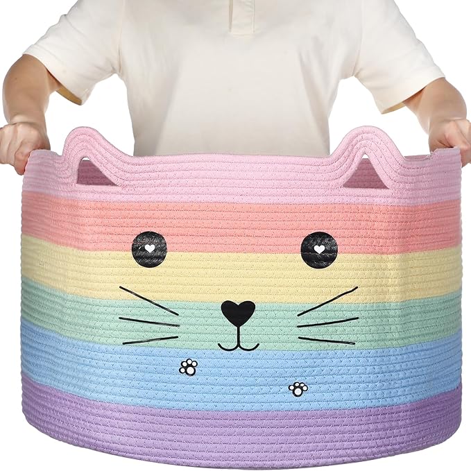 Zopeal Cat Basket Storage Woven Organizer with Ears Easter Decorative Gift Pet Toy Cute Cotton Rope Basket for Gift Cat Dog Toy Bin Nursery Room(21.7 x 13.8 Inch,Macaron Color)
