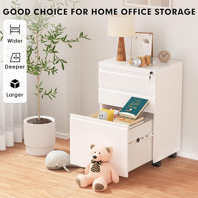 Greenvelly 3-Drawer Mobile File Cabinet with Locking Drawers & Wheels, No Assembly Required White Rolling Metal Filing Cabinet for Home Office, Lockable File Organizer Under Desk or Letter/Legal Files