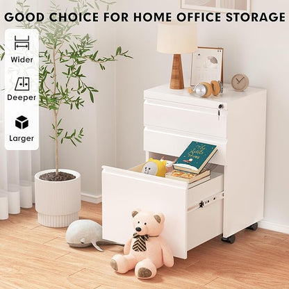 Greenvelly 3-Drawer Mobile File Cabinet with Locking Drawers & Wheels, No Assembly Required White Rolling Metal Filing Cabinet for Home Office, Lockable File Organizer Under Desk or Letter/Legal Files
