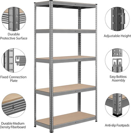 Topeakmart 5-Tier Utility Shelves, Metal Storage Shelves Garage Shelving Unit Adjustable Garage Storage Shelves Storage Racks Heavy Duty Shed Shelving- Light Gray, 35.5 x 16 x 71 Inch