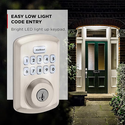 Kwikset Powerbolt 250 10-Button Keypad Satin Nickel Transitional Electronic Deadbolt Door Lock, Featuring Convenient Keyless Entry, Customizable User Codes, and Auto-Locking