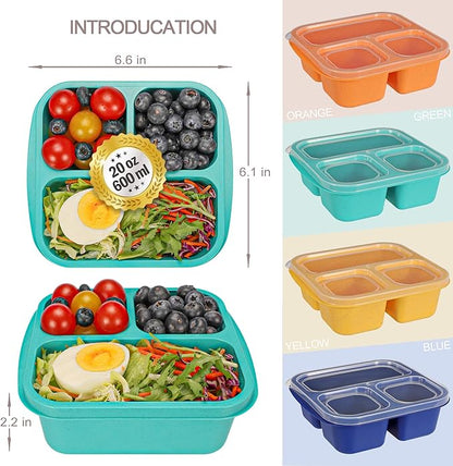Bento Box For Kids, 4 Pack 3 Compartments Lunchable Meal Prep Containers Lunch Containers, Reusable Snack Containers with Lids, Snack Boxes for School, Work, and Travel