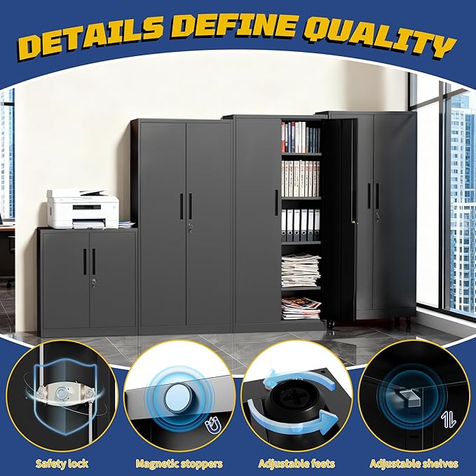 Metal Storage Cabinet with Doors and Adjustable Shelves, 71" Steel Garage Storage Cabinets with lock, Locking Tool Cabinet Utility Cabinets for Garage,Bathroom,Kitchen,Home Office,School,Shop