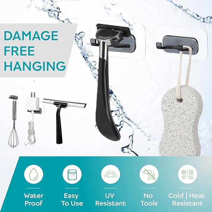 Hook LAB Strong Adhesive Shower Razor Holder, 2-Pack Waterproof Wall Hooks for Bathroom, Reusable & Removable No-Drill Hook for Razors, Towels & Accessories – Works on Tile, Glass & Metal - Black