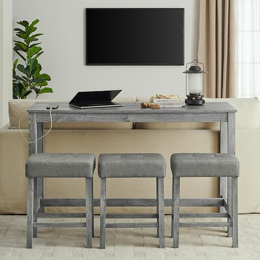 59" Power Outlet Mid Century Console Table, Slim Console Table with Solid Wood Frame, Long Narrow Console Tables for Living Room & Kitchen, Grey