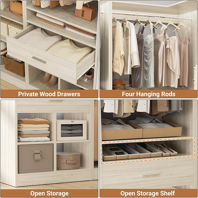 Unikito 86" Corner Closet System, Modular Closets Organizer with 4 Hanging Rods and 2 Drawers, Freestanding Adjustable Wood Clothes Garment Rack with Storage Shelves, White Oak