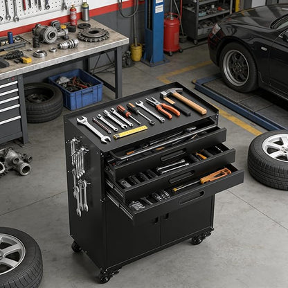 Metal Garage Storage Cabinet on Wheels, Lockable Rolling Tool Cabinet with Doors and 3 Drawers, Heavy Duty Mobile Steel Cabinet for Garage Warehouse Workshop