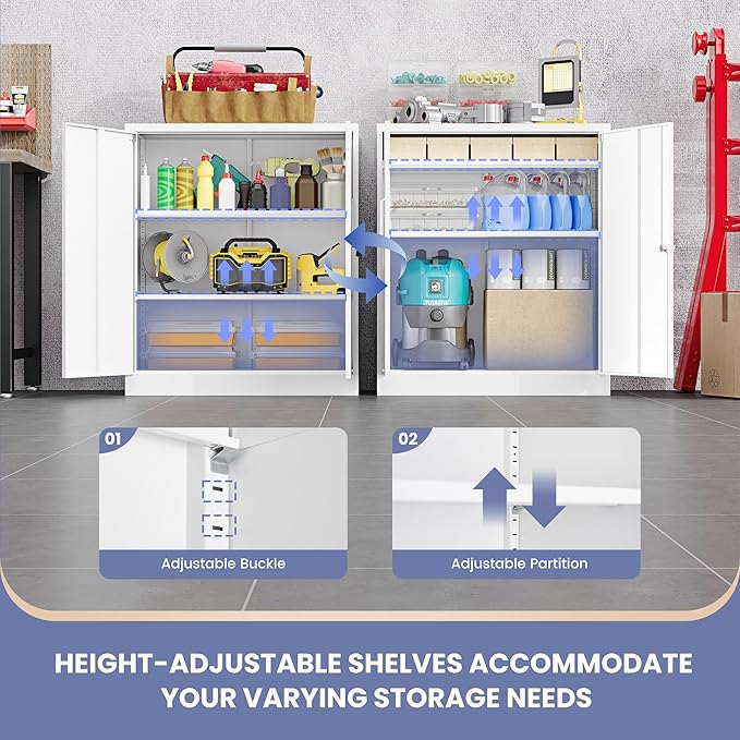 36" H Metal Storage Cabinet, Locked Cabinet with 2 Adjustable Shelves and Doors, Small Metal Tool Cabinet, Garage Storage Cabinet for Home Office, Garage, School, Apartment Warehouse
