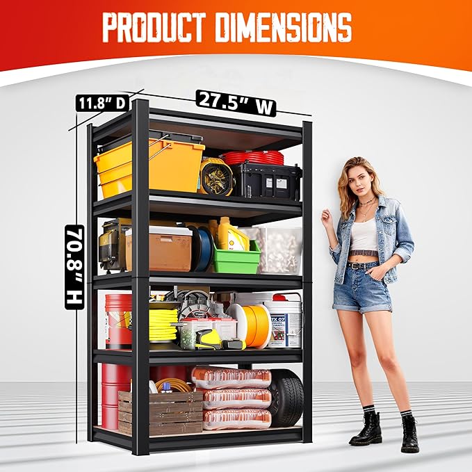 71"H-28"W-12"D Garage Shelving-5 Tier Garage Storage Shelves,Adjustable Heavy Duty Metal Shelving Unit and Storage Large Rack,Utility Steel Shelf For Warehouse Industrial Pantry Basement Organizers
