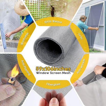 King&Charles Window Screen Door Repair/Replacement Kit, Include Gray Screen Mesh 59"x106"+ 2 Roller+50Ft Spline+8Clips+Hook, 6 in 1 Window Mesh Kit, Steel/Nylon Bearing Roller