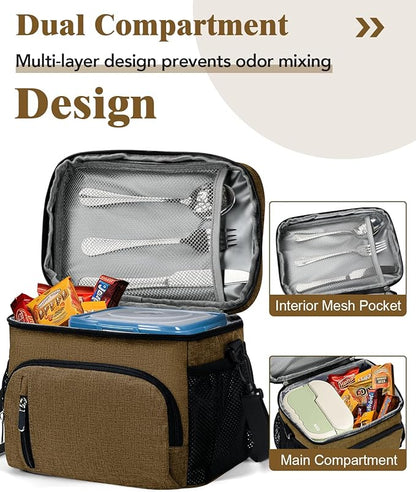 Insulated Lunch Bag for Men & Women, 9L Leakproof Lunch Box Soft Cooler Tote with 5 Pockets, 600D Oxford, EVA Lining, Adjustable Strap for Work, Picnic, Beach&Travel-Coffee