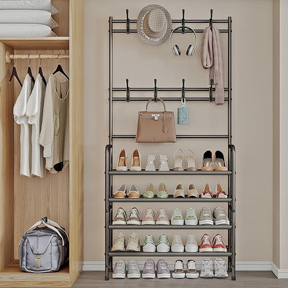 4 Tier Coat and Shoe Rack Entryway Coat Rack with 8 Hooks Shoes Organizer for Living Room Bedroom Office Brown