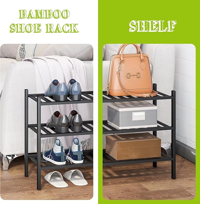 BMOSU 3-Tier Bamboo Extended Shoe Rack Premium Stackable Shoe Shelf Storage Organizer for Hallway Closet Living Room Entryway Organizer (Black Bamboo)