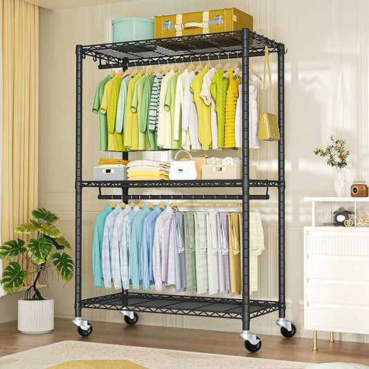 FUTASSI P3 Plus Rolling Clothes Rack, Clothing Racks for Hanging Clothes, Heavy Duty Garment Rack with Wheels, Freestanding Portable Closet Rack 45" W x 14" D x 78.5" H, Max Load 480 LBS, Black