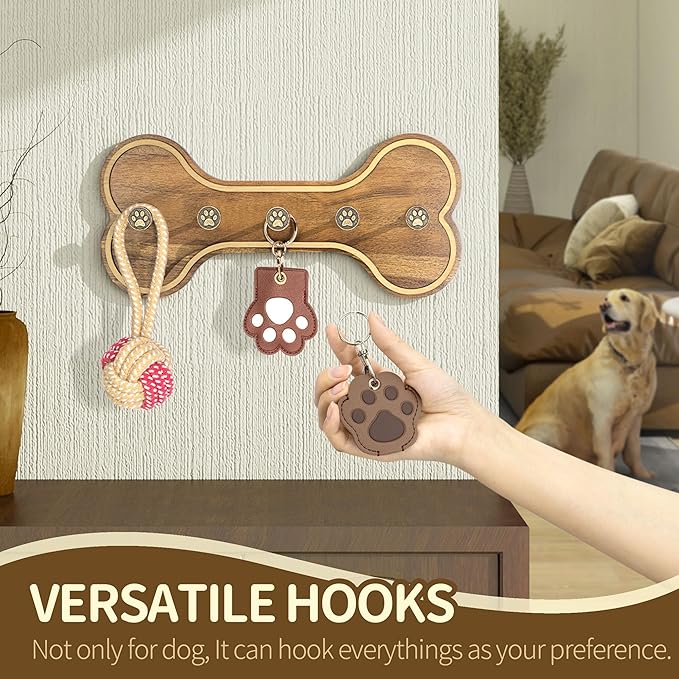 MTERSN Farmhouse Dog Leash Holder for Wall – Dog Stuff Organizer and Dogs Bone Key Holder Wall Mount with 3D Puppy Paw Hooks - Cute Stuff for Pet Lover Gifts (Acacia Wood)