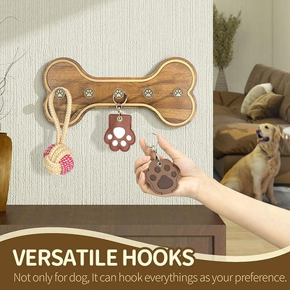 MTERSN Farmhouse Dog Leash Holder for Wall – Dog Stuff Organizer and Dogs Bone Key Holder Wall Mount with 3D Puppy Paw Hooks - Cute Stuff for Pet Lover Gifts (Acacia Wood)
