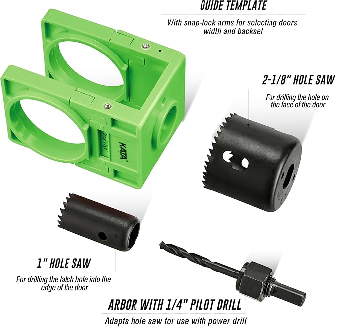 KATA 1-3/8" - 1-3/4" Door Lock Installation Kit with Large Chip-Clearance Slots, Door Lock Hole Saw for Deadbolts and Locksets for Wooden Doors with Guide Template, Carbon Steel, Green