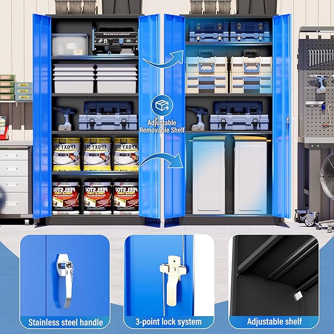 Greenvelly Metal Storage Cabinet with Doors and Shelves, 72" Inch Locking Metal Cabinet,Garage Storage Cabinet for Garage Office School Warehouse (Black Blue)